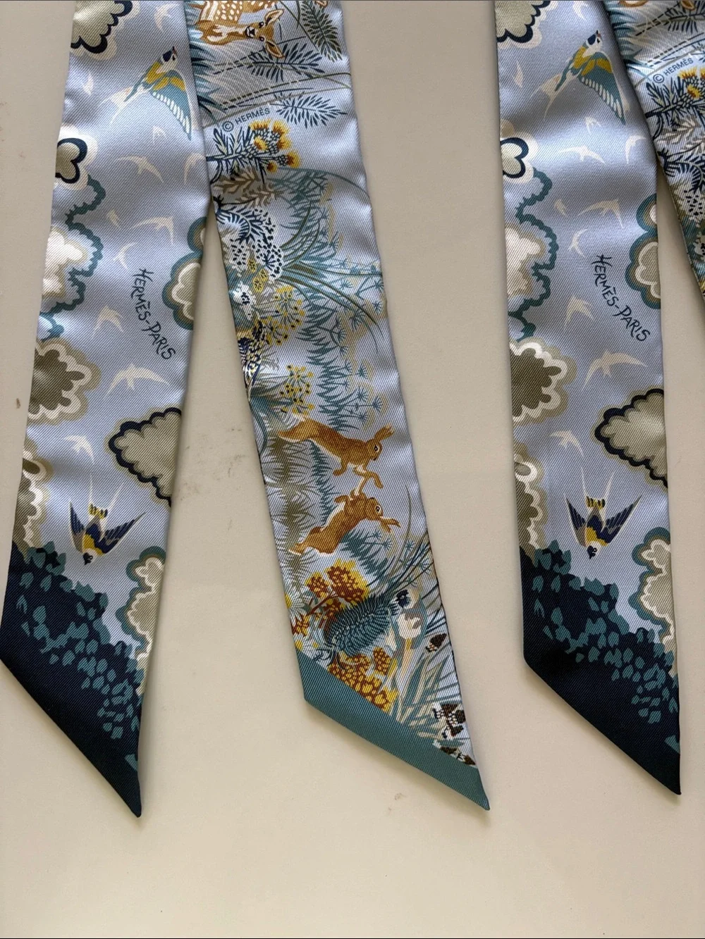 Hermes Blue, Gold & Teal Silk Twilly Scarf Pair